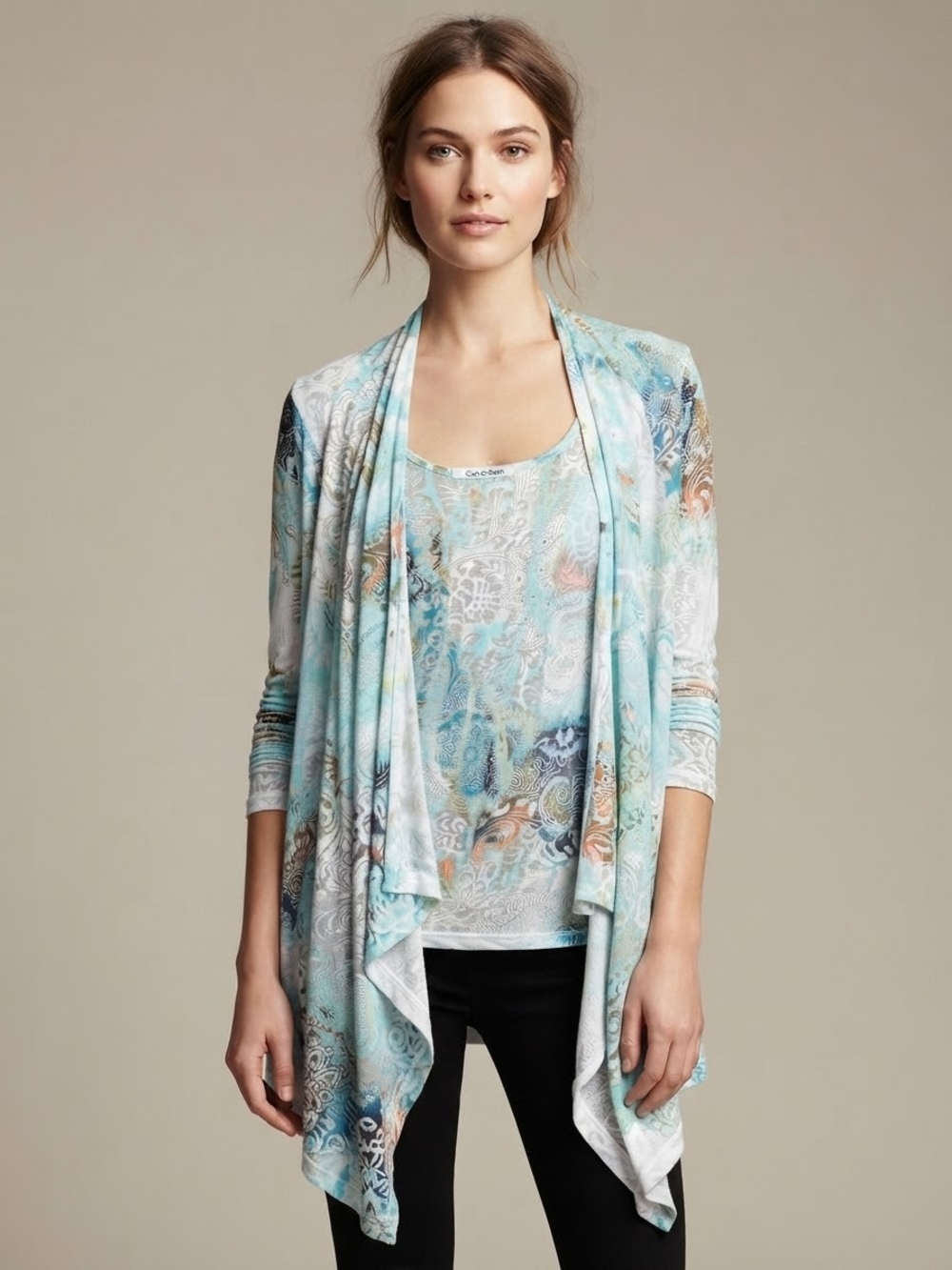 Vintage Calvin Klein 2pc Blue Paisley Rhinestone Cascade Cardigan Tank Set M